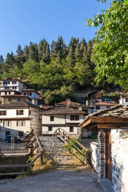 SHIROKA LAKA, BULGARIA - 7 Ağustos 2021: Bulgaristan 'ın Smolyan Bölgesi' nin tarihi Shiroka Laka kasabasındaki eski evler ve sokaklar