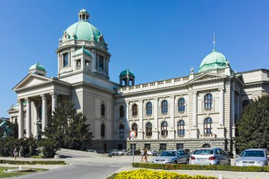 BELGRAD, SERBIA - 12 Ağustos 2019: Sırbistan 'ın başkenti Belgrad' da Cumhuriyet Ulusal Meclisi (Skupstina)