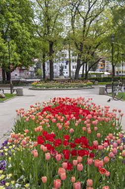 GABROVO, BULGARIA - 1 Mayıs 2021: Bulgaristan 'ın Gabrovo kentinin merkezindeki tipik sokak