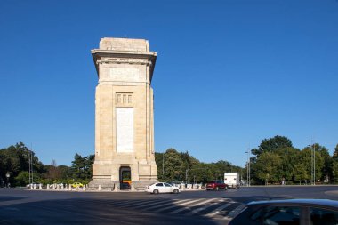 BUCHAREST, ROMANIA - AUGUST 17, 2021:  Sunset view of Arch of Triumph in city of Bucharest, Romania