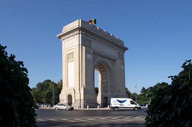 BUCHAREST, ROMANIA - AUGUST 17, 2021:  Sunset view of Arch of Triumph in city of Bucharest, Romania