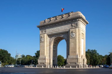 BUCHAREST, ROMANIA - AUGUST 17, 2021:  Sunset view of Arch of Triumph in city of Bucharest, Romania