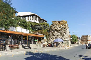 NESSEBAR, BULGARIA - AUGUST 12, 2018: Typical Building and street at old town of Nessebar, Burgas Region, Bulgaria