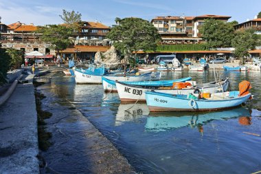 NESSEBAR, BULGARIA - AUGUST 12, 2018: Typical Building and street at old town of Nessebar, Burgas Region, Bulgaria