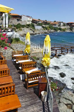 SOZOPOL, BULGARIA -  AUGUST 10, 2018: Typical Street and Building at Old town of Sozopol, Burgas Region, Bulgaria