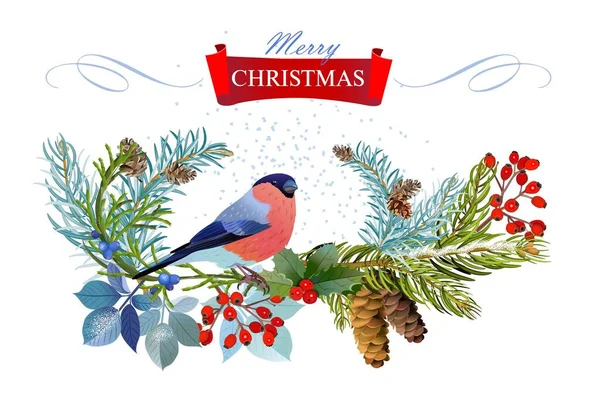 Bullfinch Anno Nuovo Vacanze Neve Albero Natale Regali Coni — Vettoriale Stock