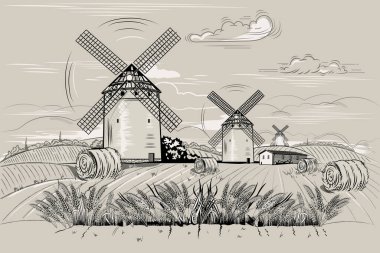 Buğday tarlalarını öğütmek için değirmen. Yığınla saman hasadı hasat etmek için.