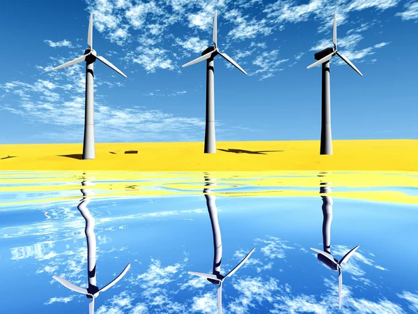 Wind turbine on the beach and reflect — Stock Photo, Image