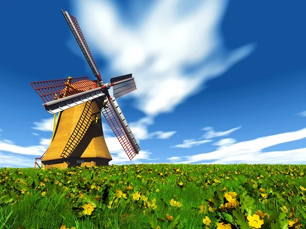 Jeden větrný mlýn v polích — Stock fotografie
