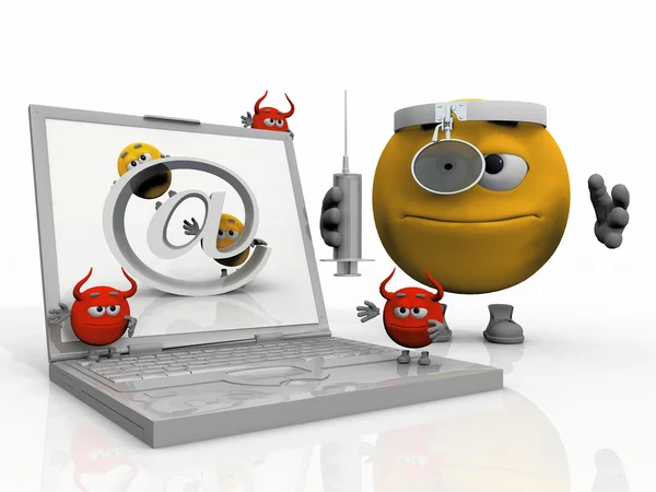 Dr. Smiley anti virus and an infected computer — Stock Photo, Image