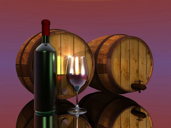 Wein, Fässer, Glas und Flasche — Stockfoto