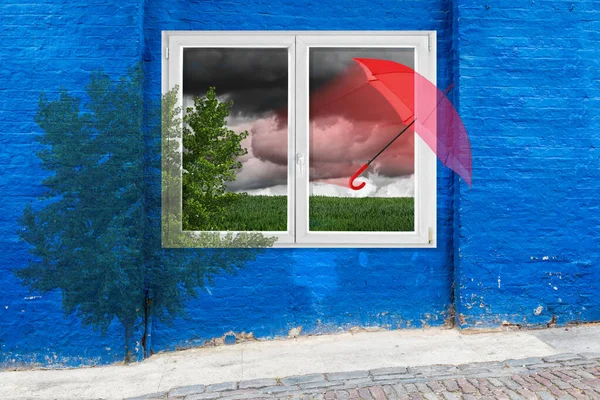 Die Blaue Wand Und Das Fenster — Stockfoto