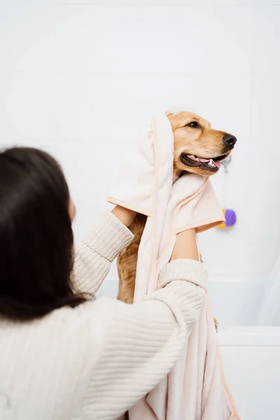 Kobieta z piękny pies biorąc łazienkę — Zdjęcie stockowe