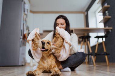 Bir köpekle ilgilenmek ve oynamak hakkında güzel bir fotoğraf.