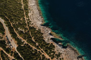 Yunanistan 'da turkuaz berrak suları ve ağaçları olan deniz manzaralı ve kumlu plajlar