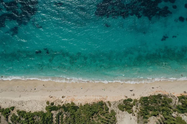 Yunanistan 'da turkuaz berrak suları ve ağaçları olan deniz manzaralı ve kumlu plajlar