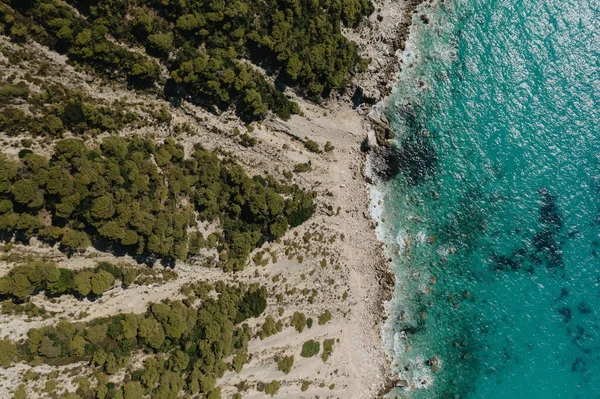 Yunanistan 'da turkuaz berrak suları ve ağaçları olan deniz manzaralı ve kumlu plajlar