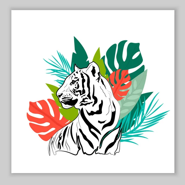 Tarjeta de tigre blanco y negro y hojas de palma. Ilustración vectorial. — Vector de stock