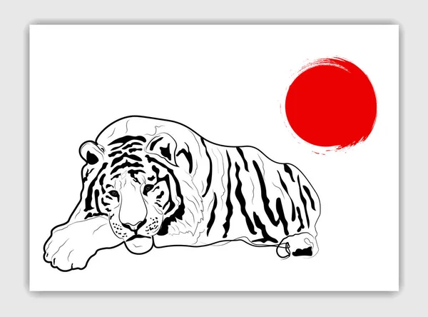 Tigre chino acostado con sol rojo. Esquema de la postal de estilo. Vector blanco y negro ilustración estilizada. — Vector de stock