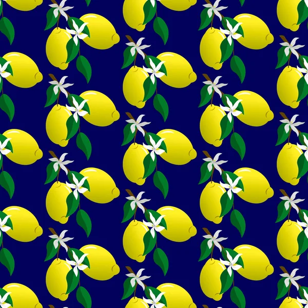 Μοτίβο με κίτρινα λεμόνια και λουλούδια σε μπλε φόντο. — Διανυσματικό Αρχείο