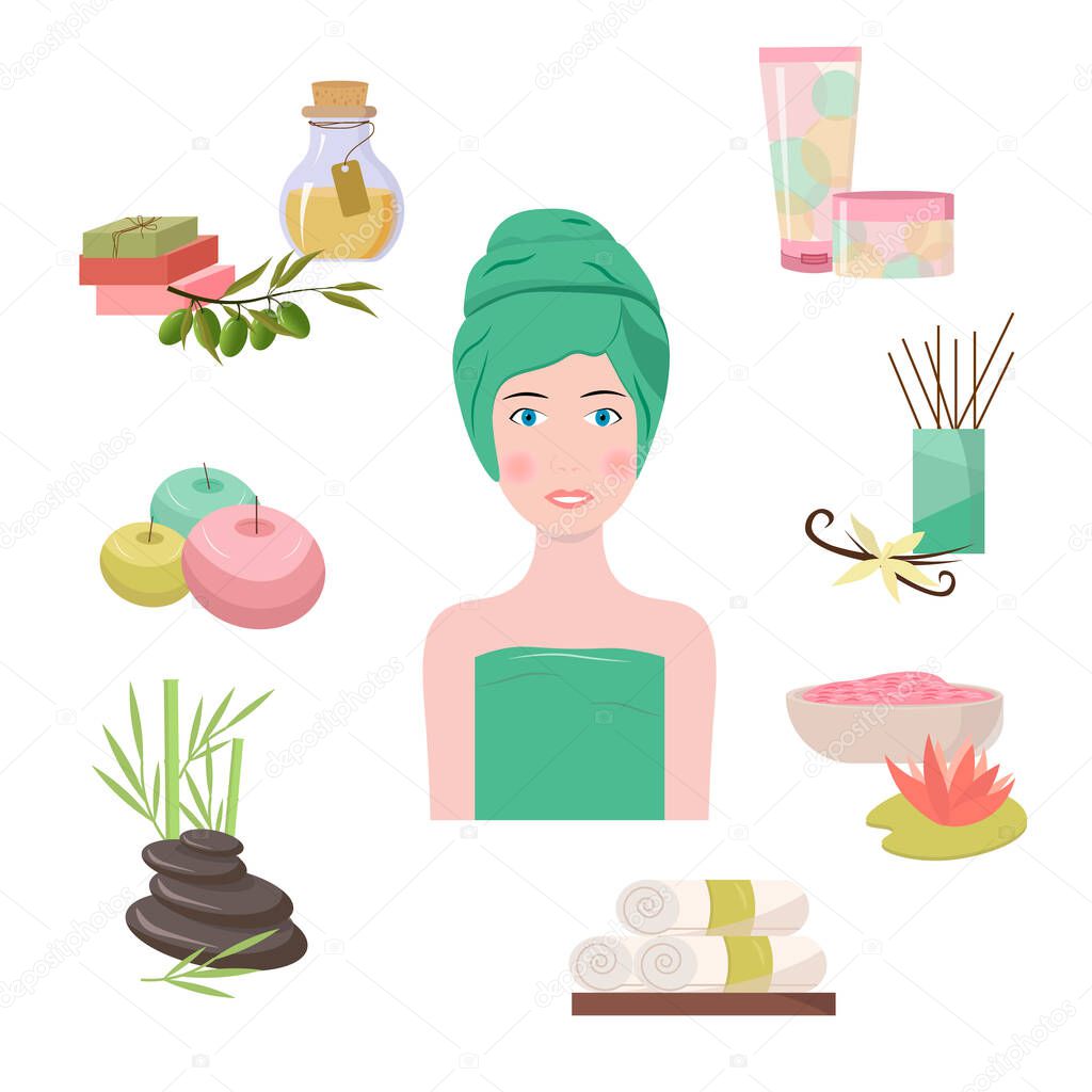 Flyer with a girl and items for spa treatments and relaxation. Stones and natural soap, scented candles, vanilla and bamboo, towels, cream and oil. 