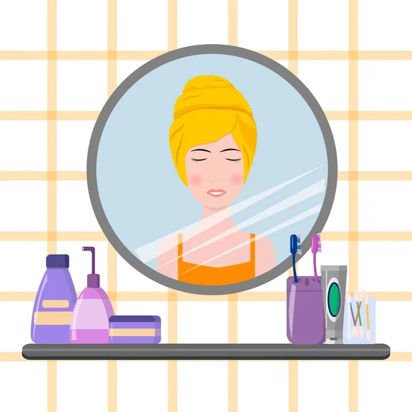 Girl in the bathroom mirror. Daily routine of personal care. — Stock Vector