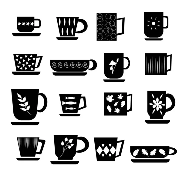 Un conjunto de tazas en blanco y negro con un patrón simple. Ilustración vectorial aislada sobre fondo blanco. — Vector de stock