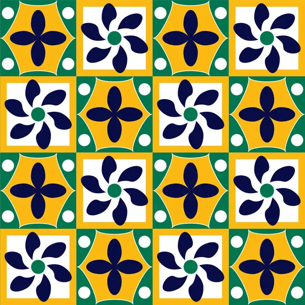 Mexicaans motief. Vierkante tegels met gekleurde geometrische patronen in het geel, — Stockvector