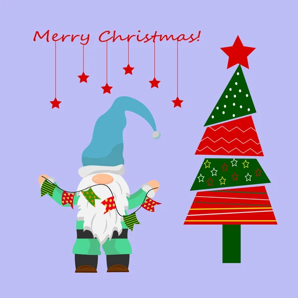 Vykort mall med liten gnome och julgran. Festlig jul illustration. — Stock vektor
