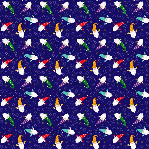 Patrón con pequeños gnomos y estrellas sobre un fondo azul. Ilustración vectorial. — Vector de stock