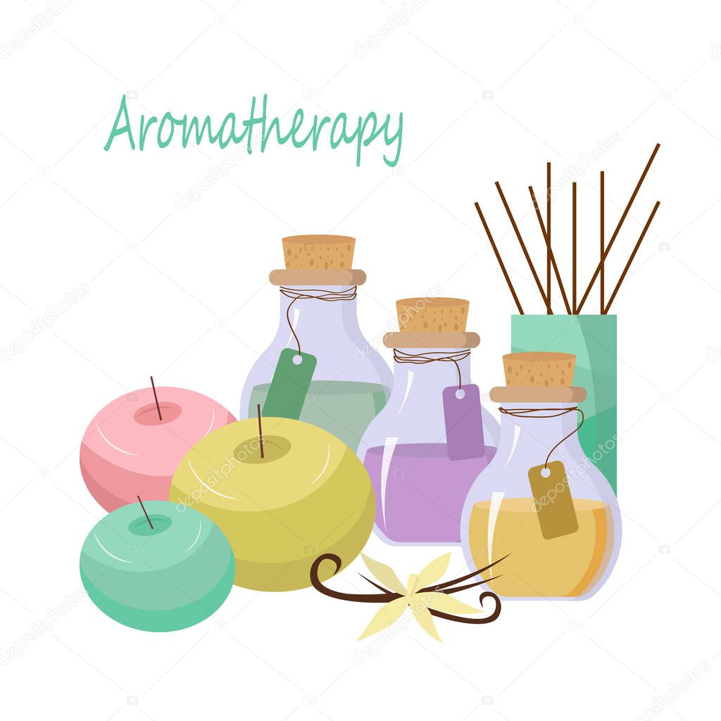 Aromatherapy card template. Oil bottles, vanilla and candles, diffuser.