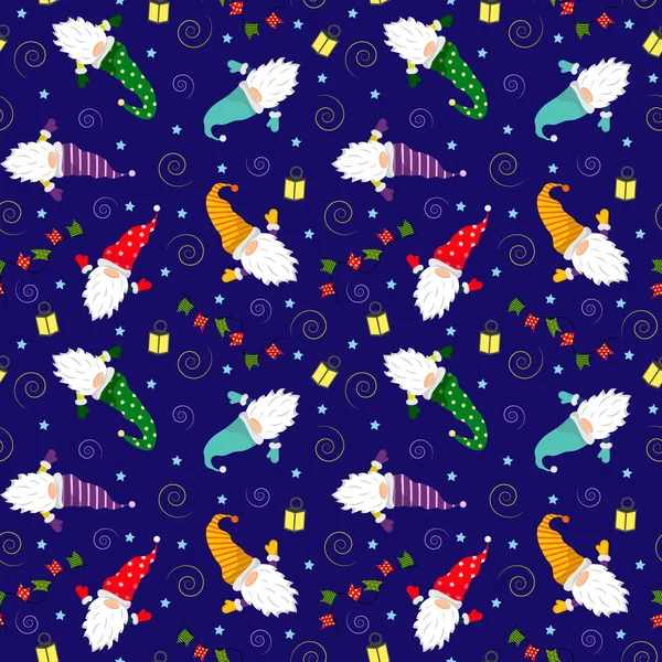 Patrón con pequeños gnomos, banderas y linternas. Ilustración festiva de Navidad. — Vector de stock