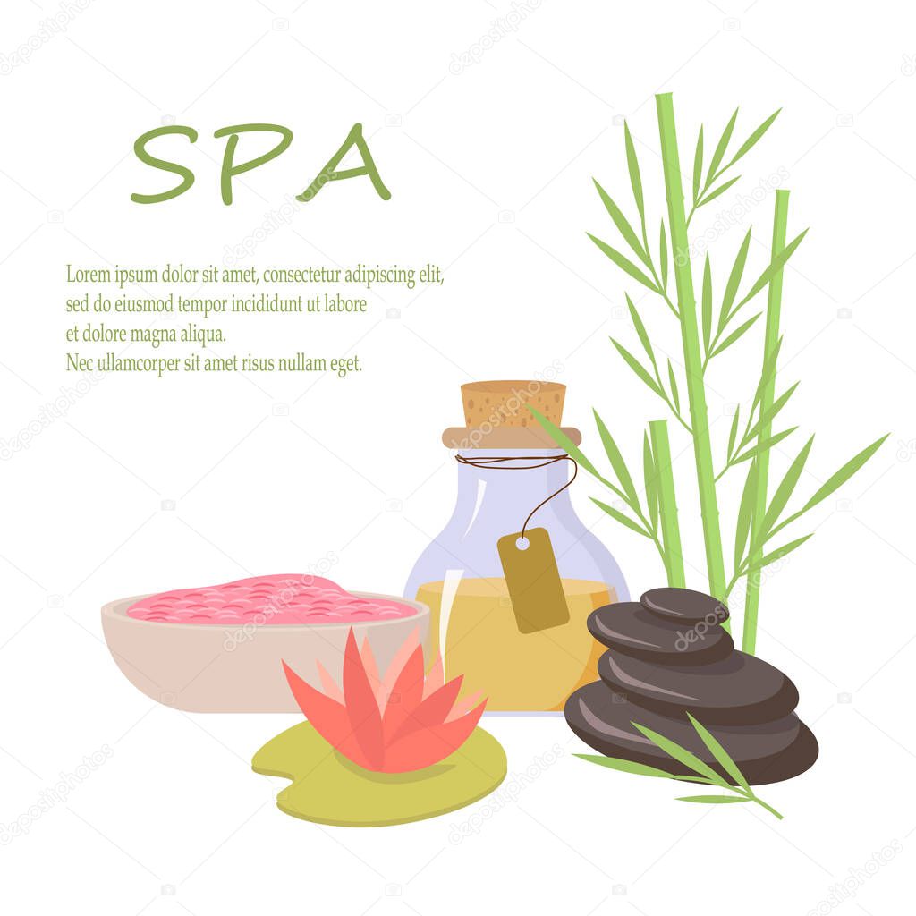 Oil bottles, stones, bamboo and fragrant pink salt illustration for spa treatments. 