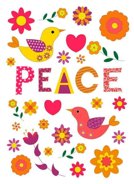 手紙のフレーズ平和。ヴィンテージ70年代の花や鳥のプリント。手描きフォント. — ストックベクタ