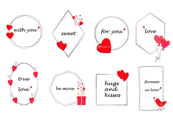Ensemble de cadres festifs avec des cœurs rouges et des lettres. Pour la Saint Valentin. — Image vectorielle