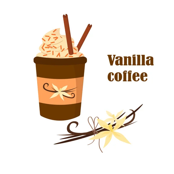 Kaffee und Vanille. Karte mit Pappbecher und Vanilleblume. — Stockvektor