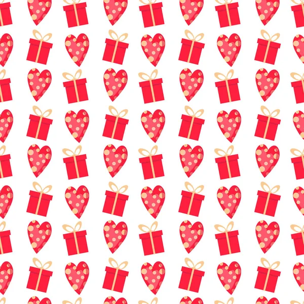 Muster mit einer Schachtel mit Geschenken und Herzen zum Valentinstag. Vektorzeichnung. — Stockvektor