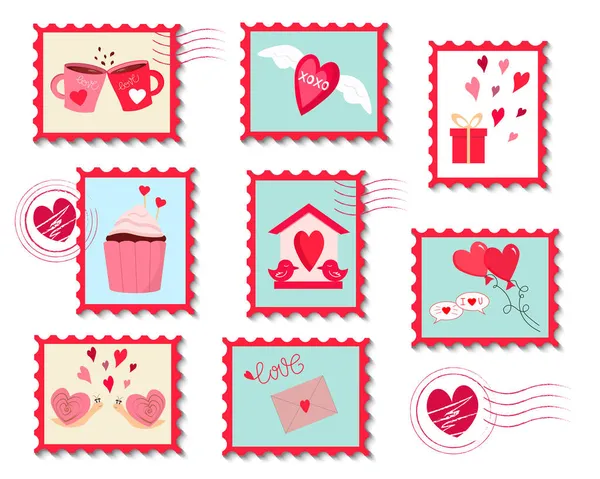 Set de sellos postales para el día de San Valentín. Ilustración vectorial. — Vector de stock