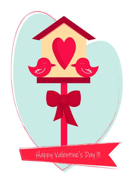 Card template with a birdhouse and two birds. Valentines Day. — Stock Vector