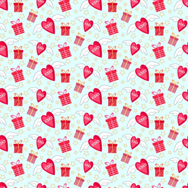 Hart met vleugels en dozen met geschenken. Feestpatroon voor verjaardag, Valentijnsdag en andere feestdagen. — Stockvector