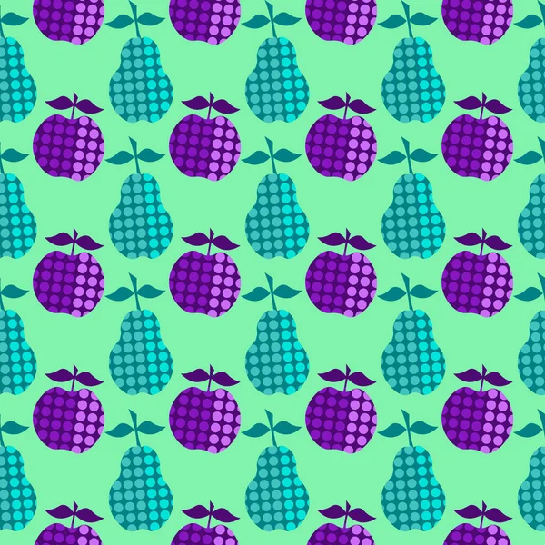 Синие груши и фиолетовые яблоки с рисунком из точек. Фруктовый узор на зеленом фоне. — стоковый вектор