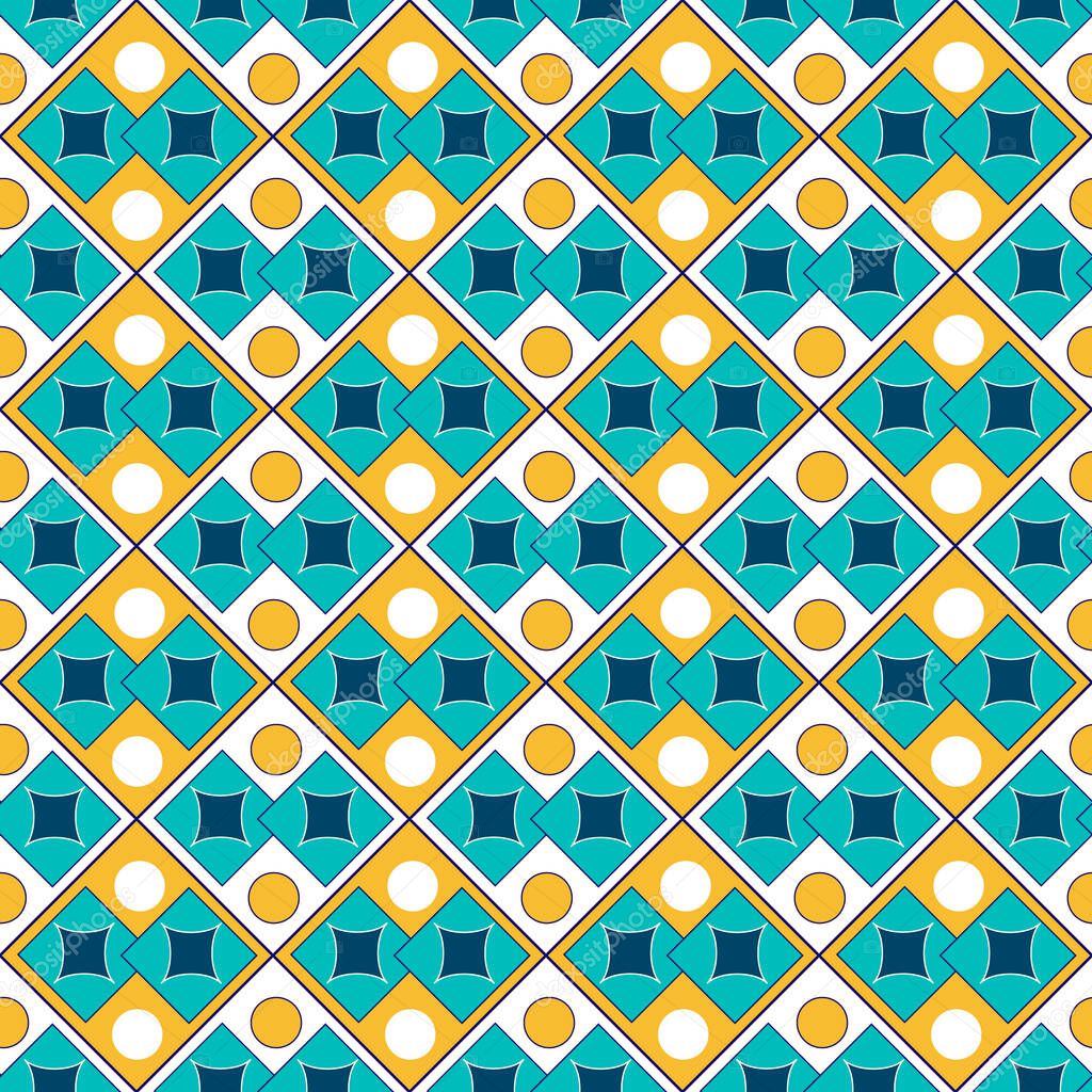 Tile mosaic geometric pattern. Drawing from circles, squares and rhombuses.