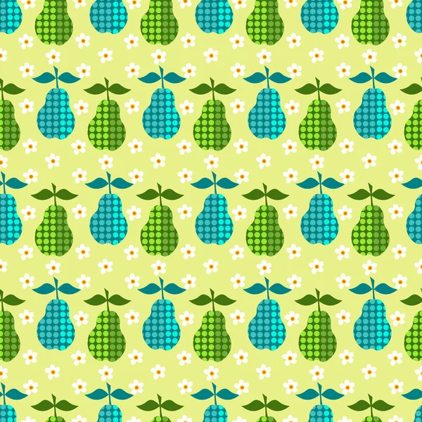 Πράσινα και μπλε αχλάδια με λευκά άνθη. Μοτίβο φρούτων με κύκλους στολίδια — Διανυσματικό Αρχείο