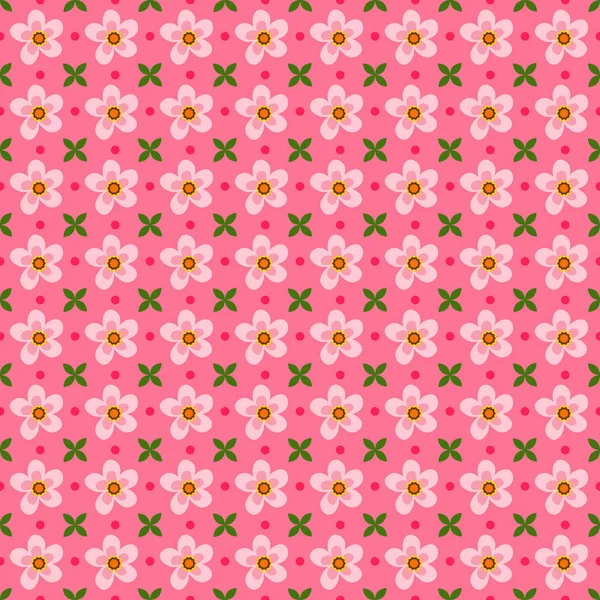 Pattern with pink flowers and leaves with dots. Floral ornament. — Stockový vektor