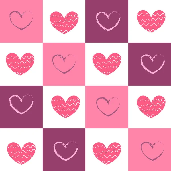 Pattern with patchwork hearts in pink and burgundy colors. For valentines day, birthdays, gifts. — стоковый вектор