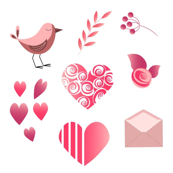 Valentinstag-Set Vogel, Rosen, Zweig mit Blättern und Herzen, Briefumschlag. — Stockvektor