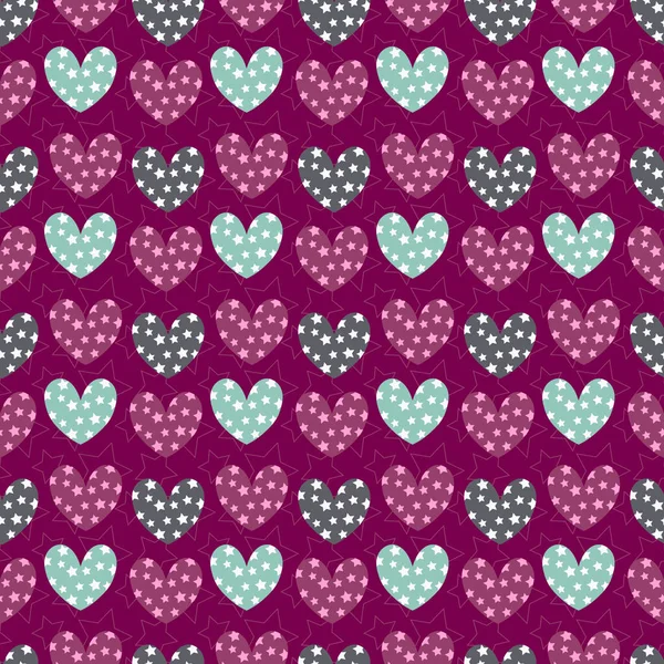 Pattern with hearts and stars on a burgundy background. For valentines day, birthday and holidays, gifts. — Image vectorielle