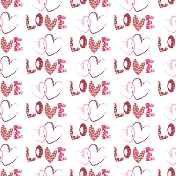 Pattern with letters Love and hearts. For valentines day, birthdays, gifts. — Vetor de Stock