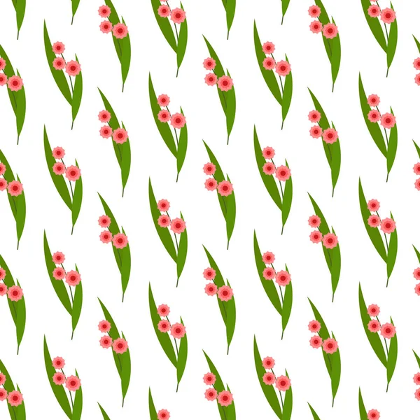 Pattern with small pink flowers on a green stem. Vector illustration isolated on white background — Stock Vector