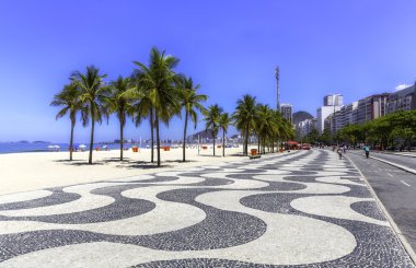 Copacabana beach with palms and sidewalk in Rio de Janeiro, Brazil